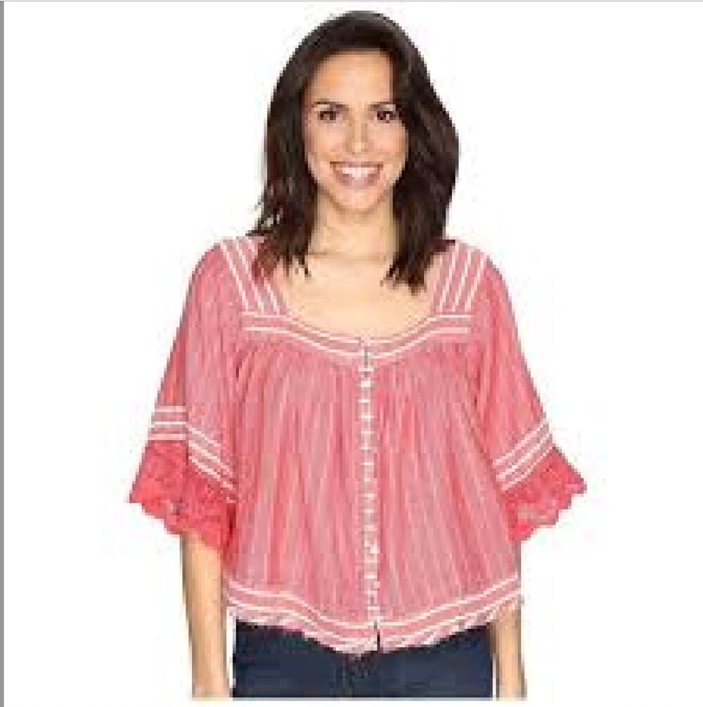Free People Womens S Red SeeSaw Lace Oversized Short Sleeve Crop Top Boho Chic